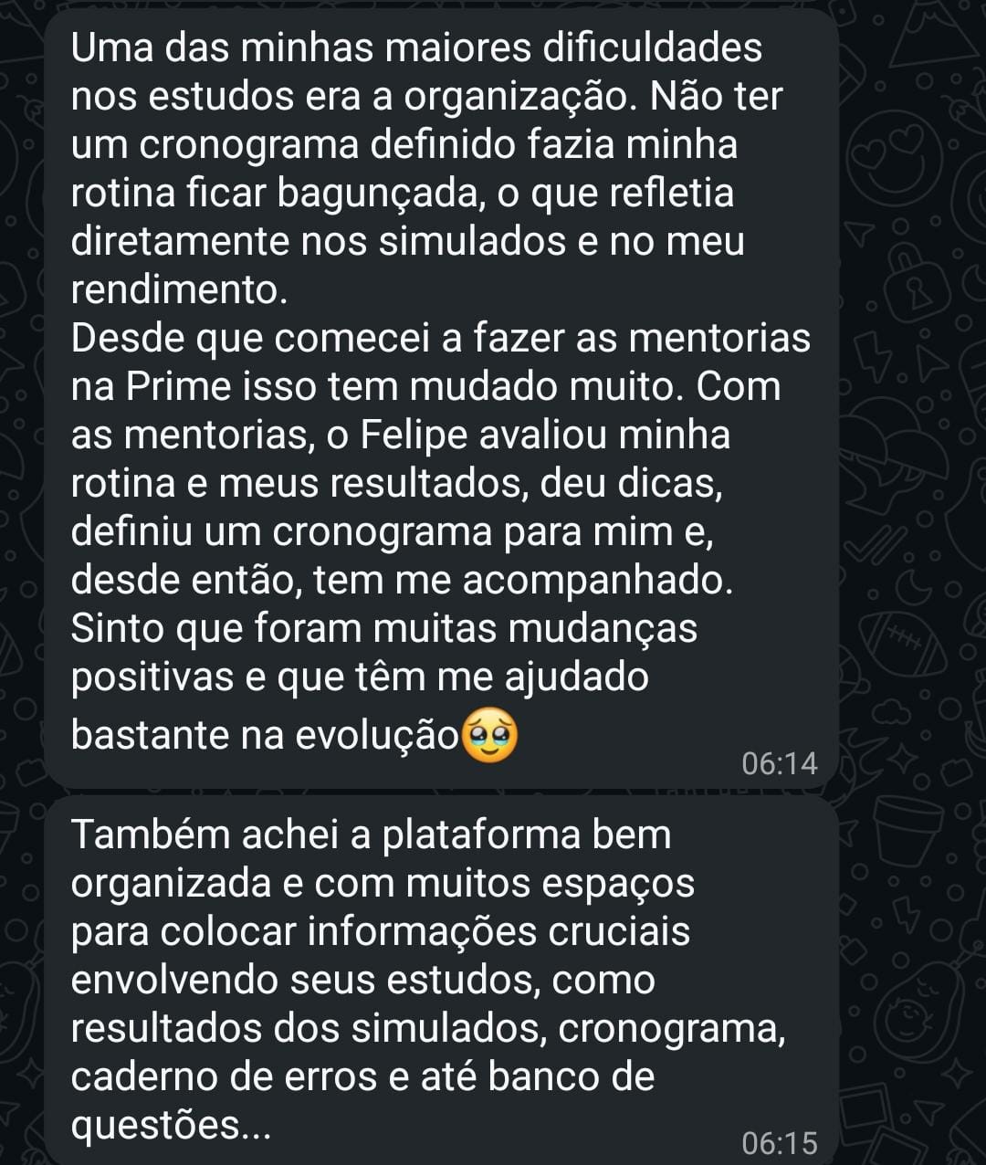 Print de depoimento de aluno da Prime Mentorias no WhatsApp