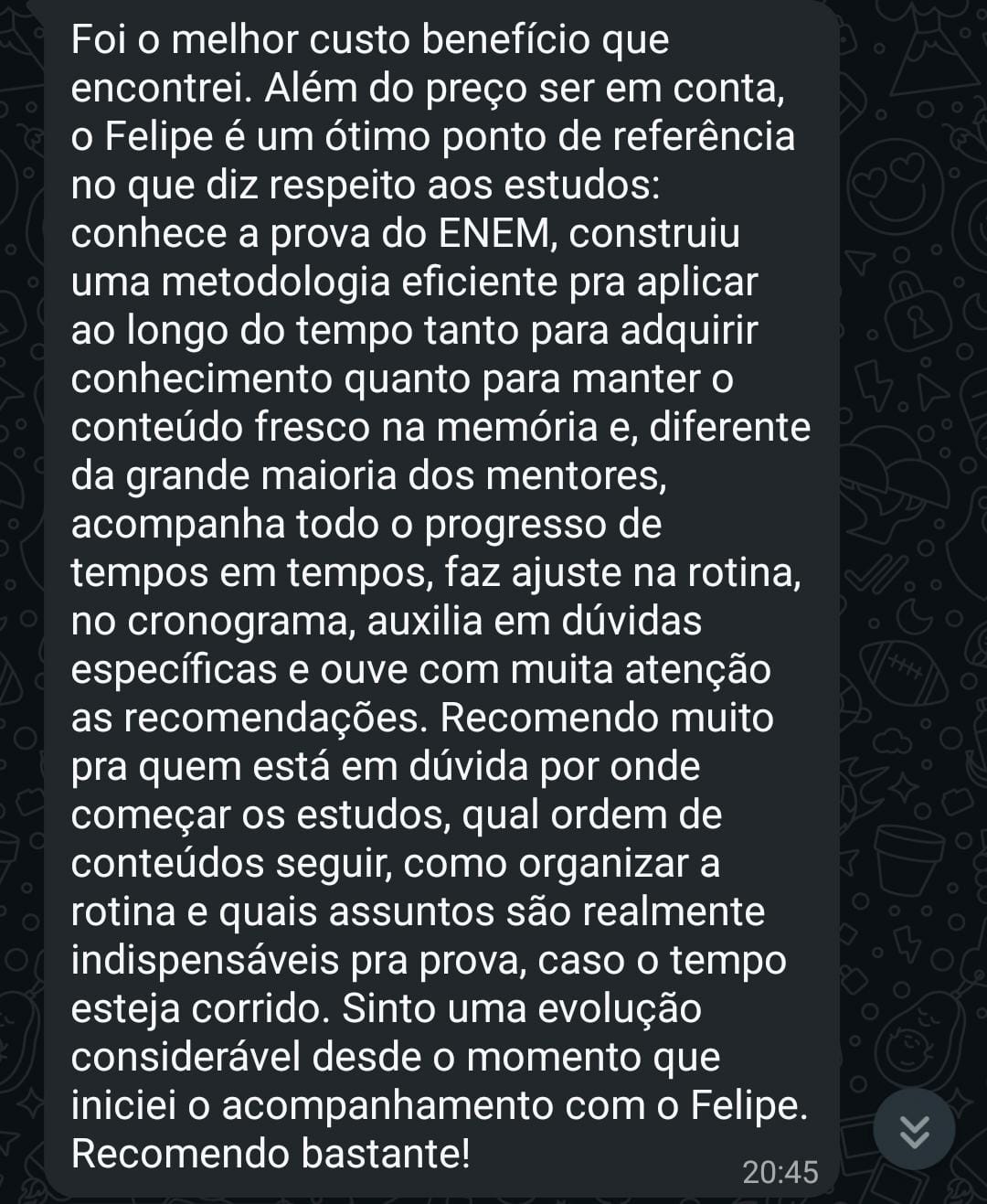 Print de depoimento de aluno da Prime Mentorias no WhatsApp