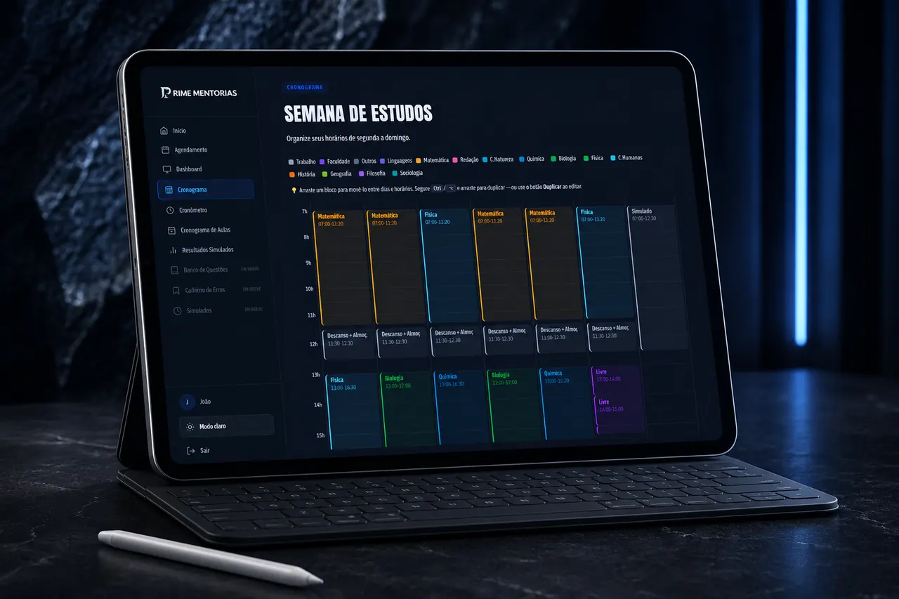 Tela do cronograma semanal de estudos, com blocos por matéria